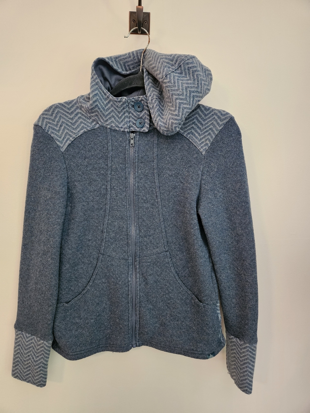 PrAna Eden Wool Blend Full Zip Hooded Sweater Jacket Contrasting Blue Pattern XS